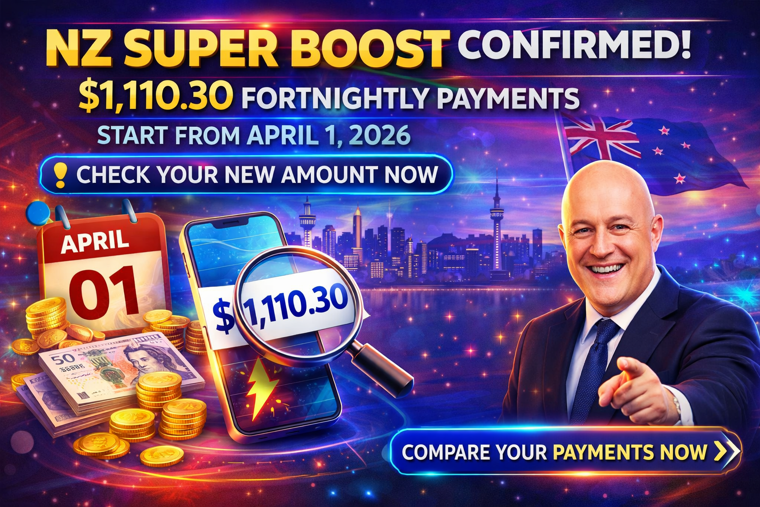 NZ Super Boost Confirmed! $1,110.30 Fortnightly Payments Start From April 1, 2026 – Check Your New Amount Now