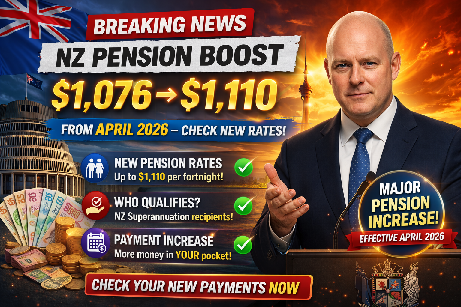 NZ Pension Boost: $1,076 → $1,110 From April 2026 – Check New Rates